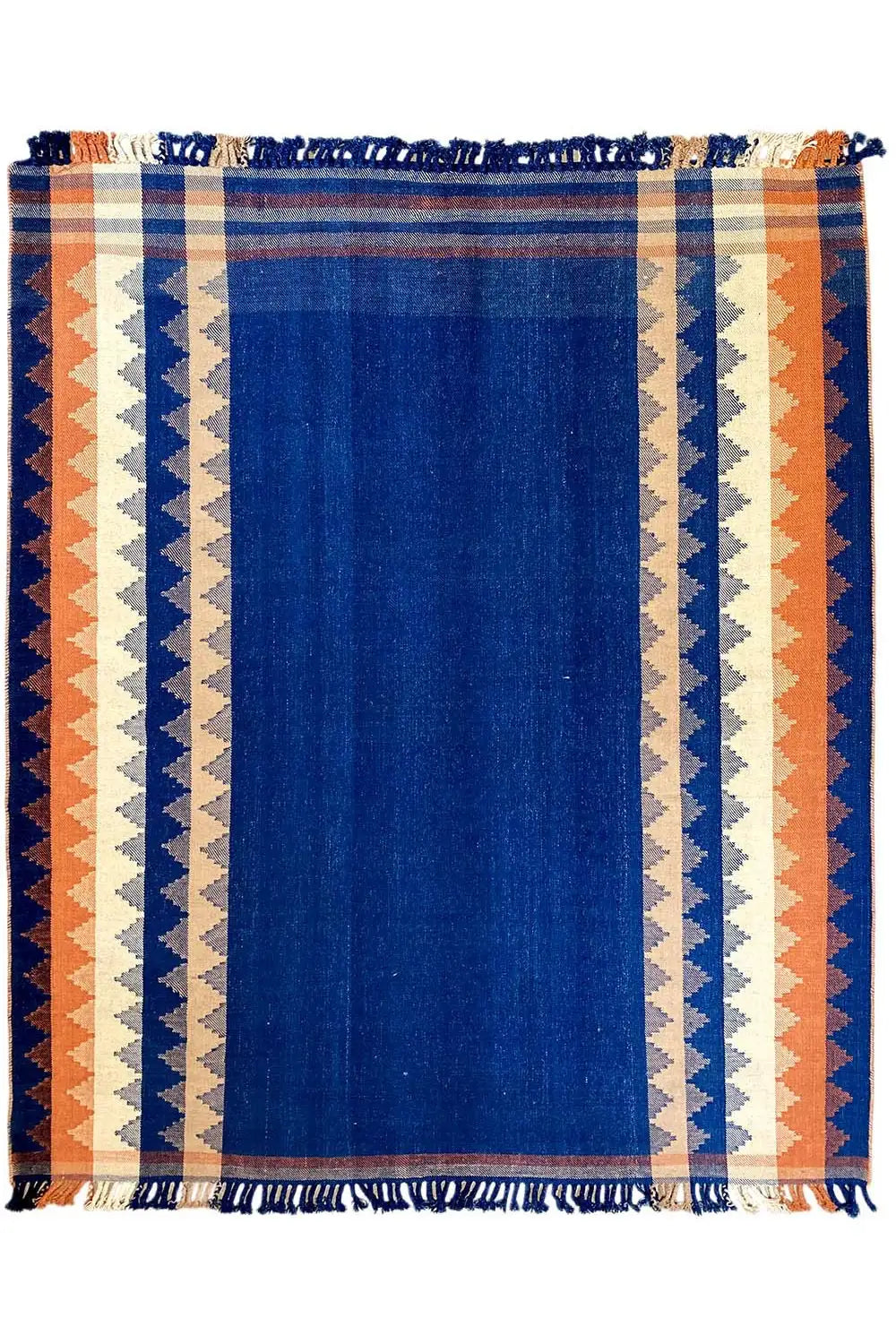 Jajim rug, blue center with an orange-and-white striped pattern and fringes