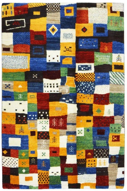Gabbeh rug 194x140 cm with a dense patchwork grid of colorful squares and shapes