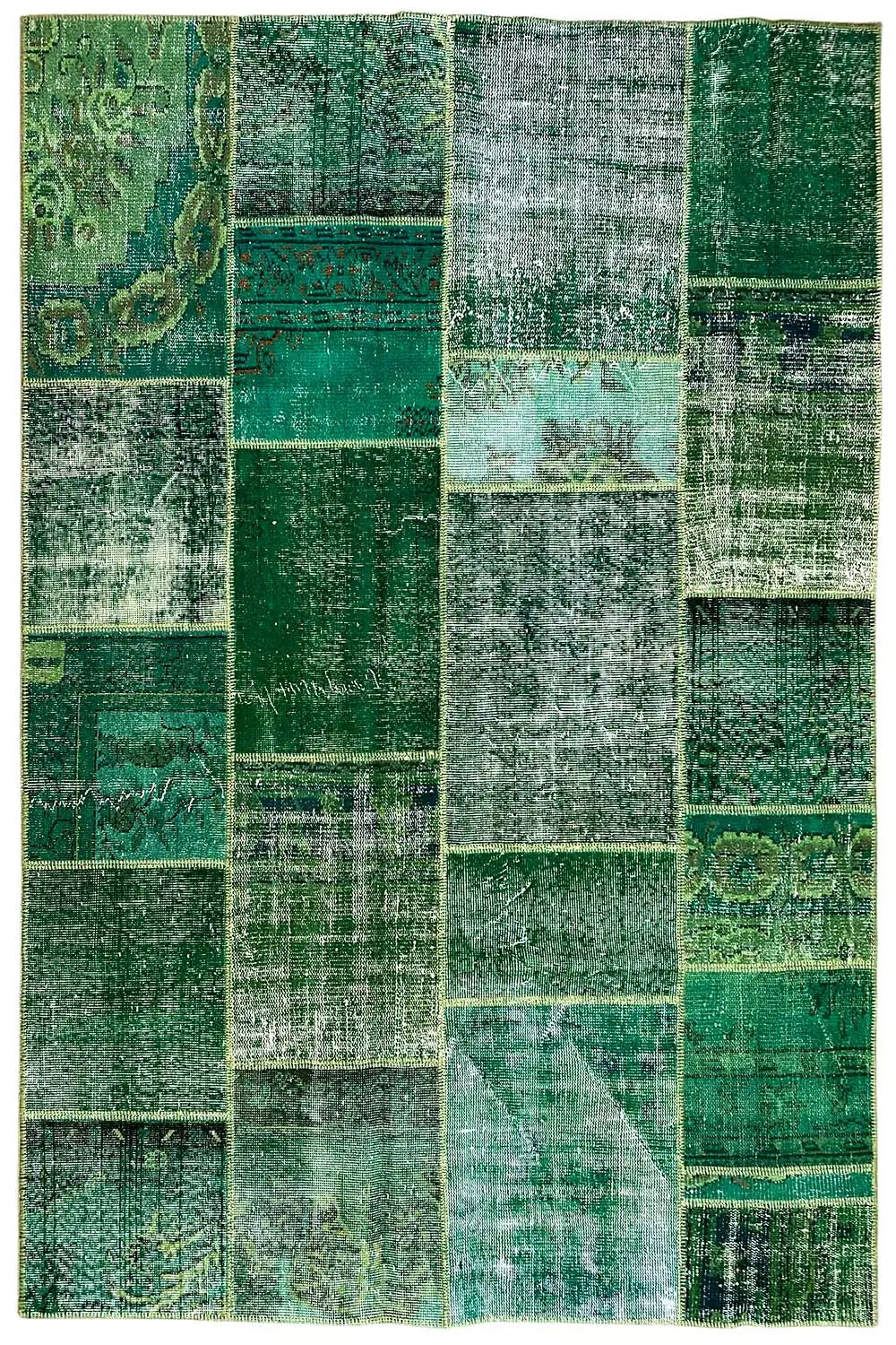 Patchwork rug with a square patch pattern in green and light green