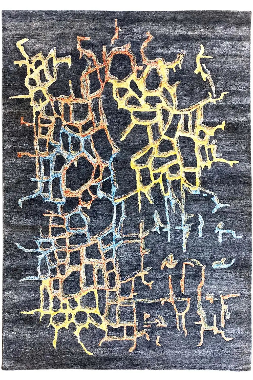 Hand-tufted rug, blue-gray with an abstract yellow-brown block pattern