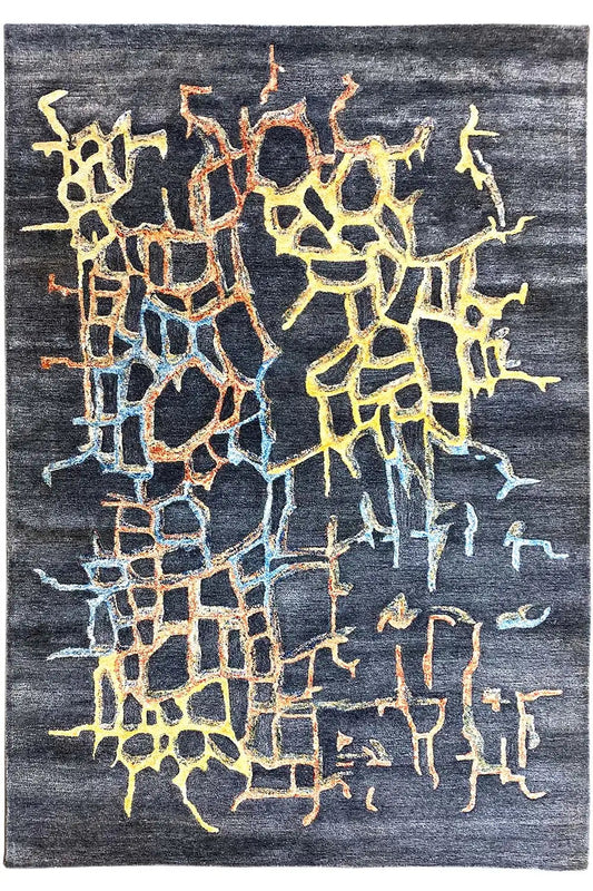 Hand-tufted rug, blue-gray with an abstract yellow-brown block pattern