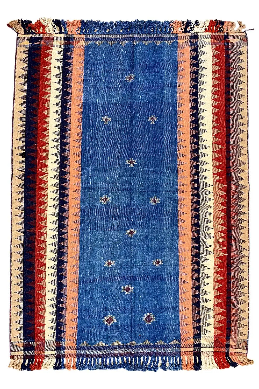Rug with a central blue stripe and surrounding red, beige, and white stripes