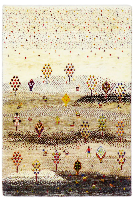 Gabbeh rug with a relief pattern of small figures on a beige background, approx. 93x60 cm