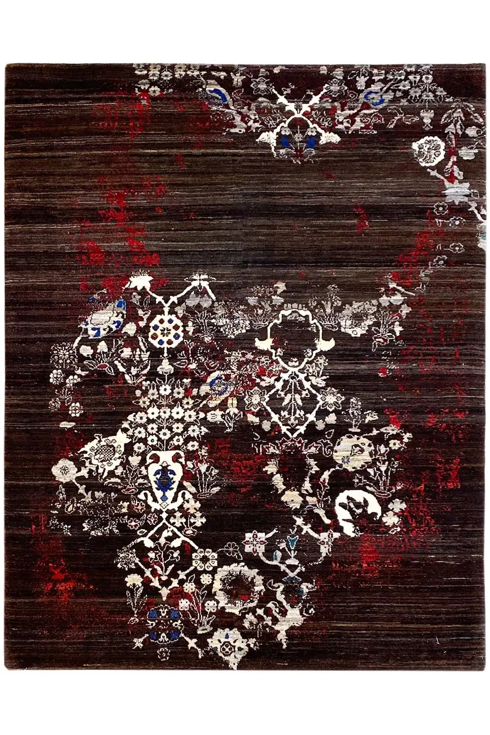 Gabbeh rug 197×152 cm: dark pile with a red accent and white ornament