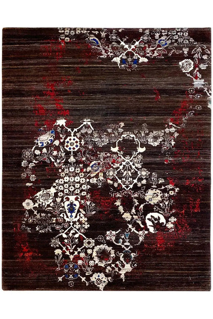 Gabbeh rug 197×152 cm: dark pile with a red accent and white ornament