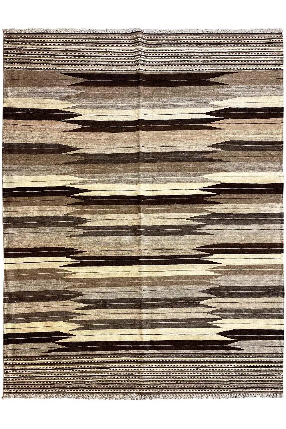 Rectangular Kilim Qashqai rug with horizontal stripes in beige, brown, and gray