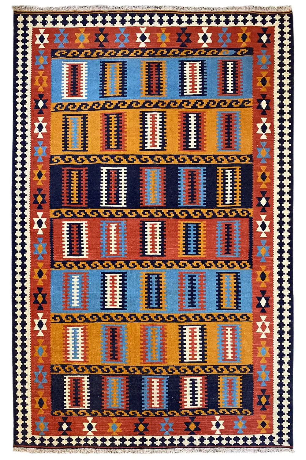 Kilim rug with a white border and multicolored row patterns in blue and red