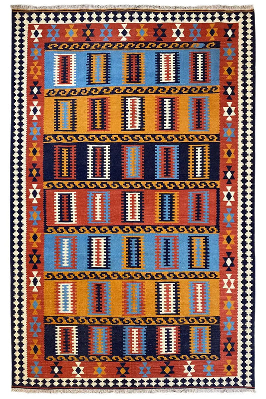 Kilim rug with a white border and multicolored row patterns in blue and red