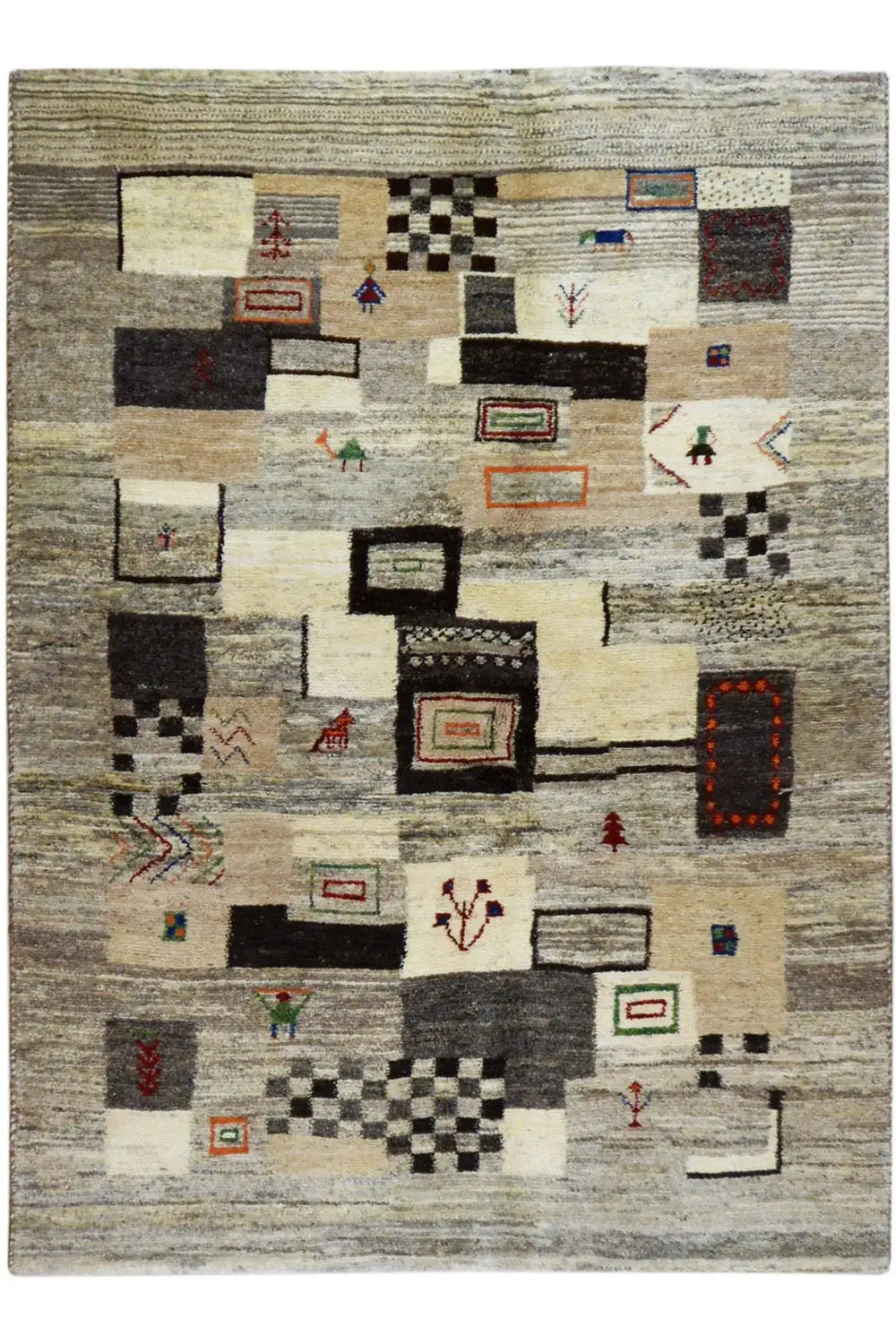 Gabbeh rug 198x146 cm, front view with multicolored block designs on a light background