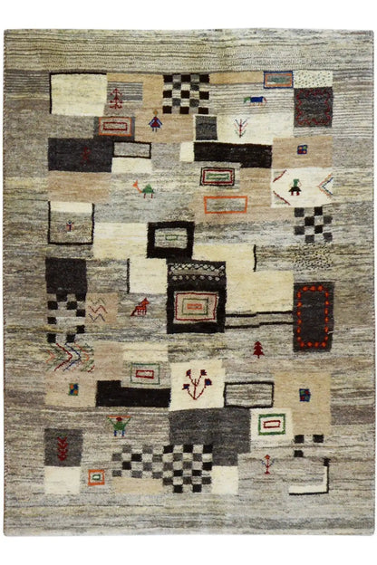Gabbeh rug 198x146 cm, front view with multicolored block designs on a light background