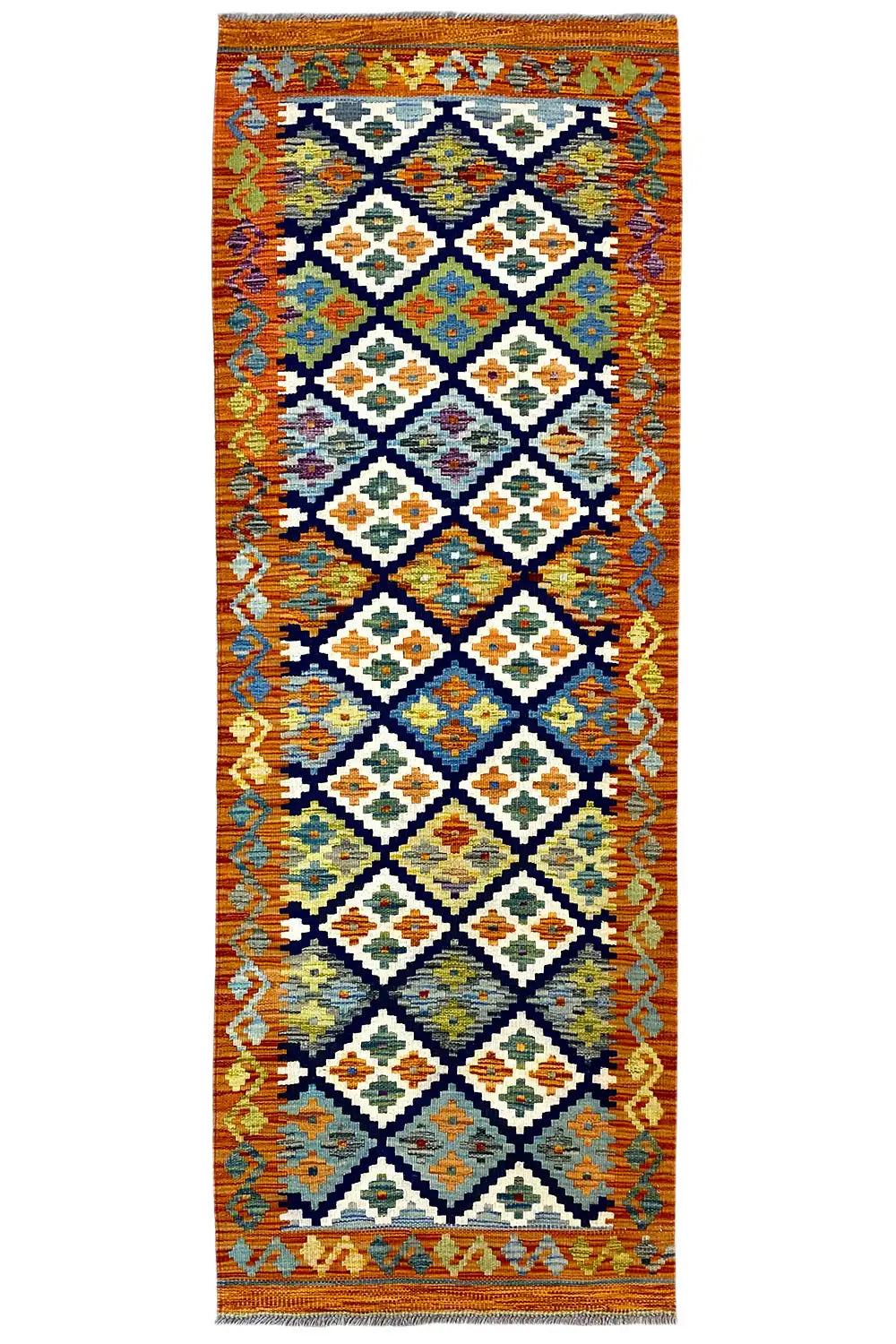 Afghan kilim runner with an orange-brown pattern and geometric squares