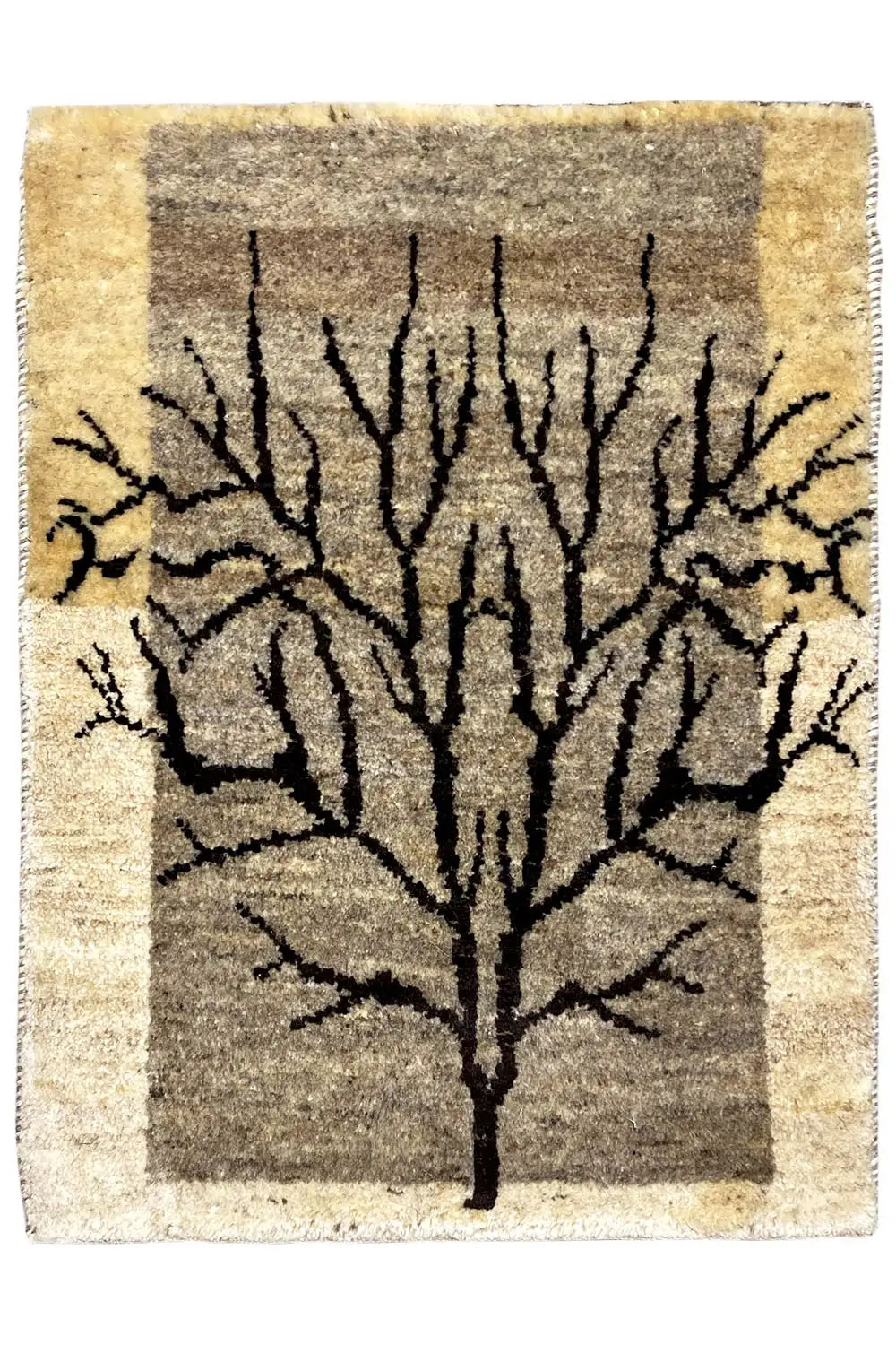 Gabbeh rug 80x57 cm with tree motif, rectangular: beige pile, black outlines