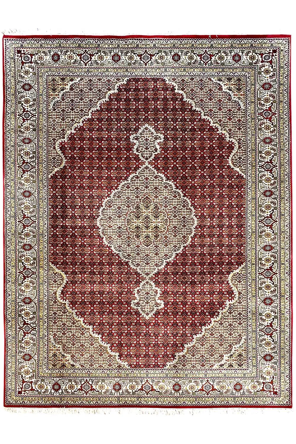 Rug with a maroon square medallion, beige background, and delicate border.
