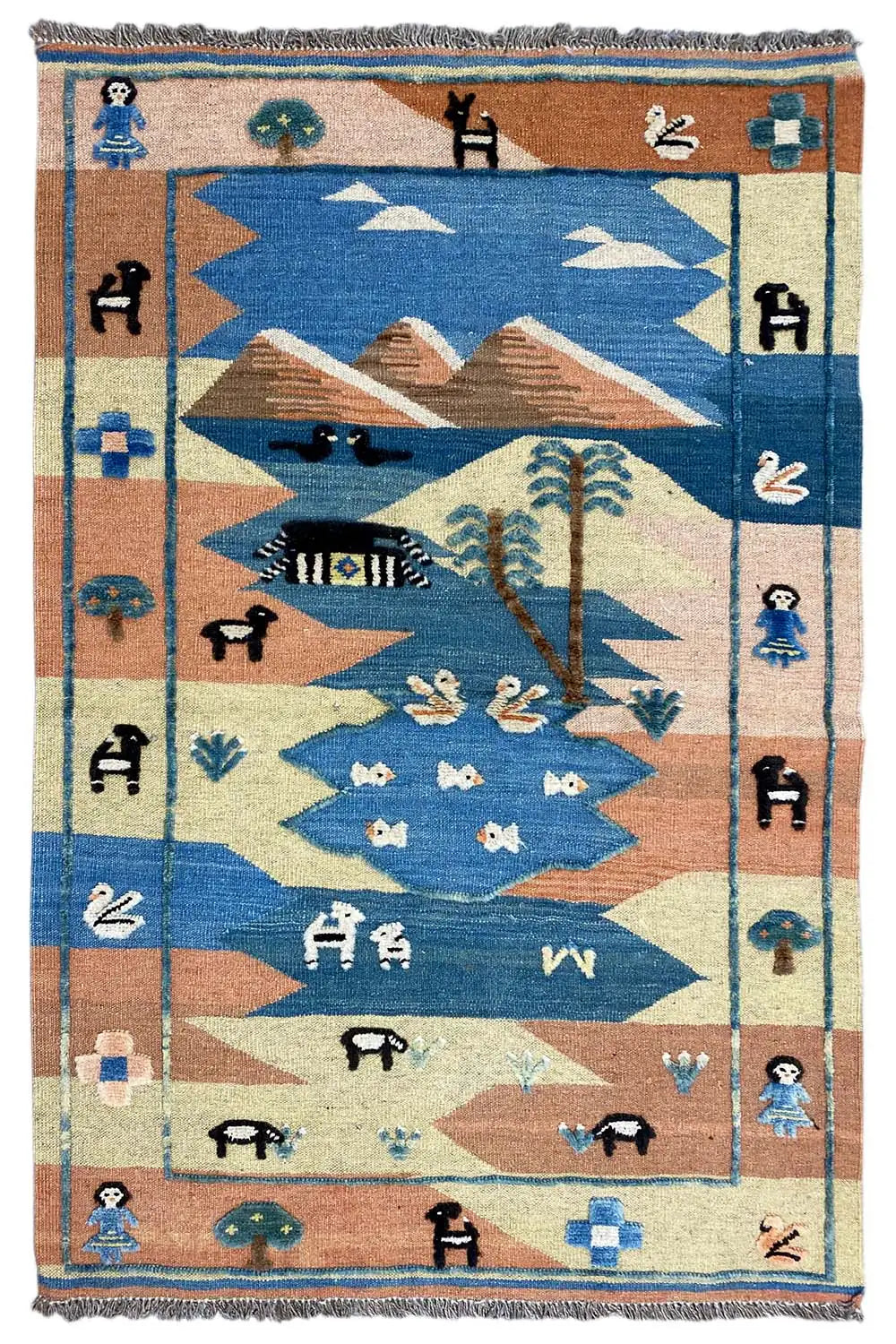 Kilim rug with animal motifs and geometric fields, light blue, beige, fringes