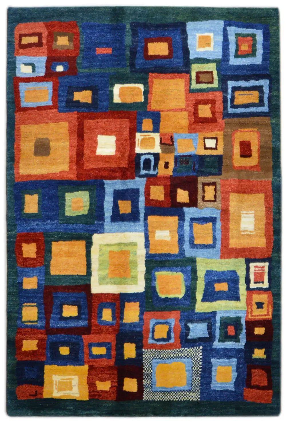Gabbeh rug with a square mosaic pattern and a wide border in blue, red, and yellow.