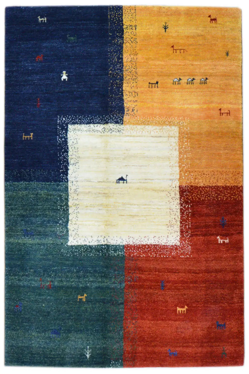 Gabbeh rug 202x151 cm with geometric patchwork in blue, yellow, red, and cream