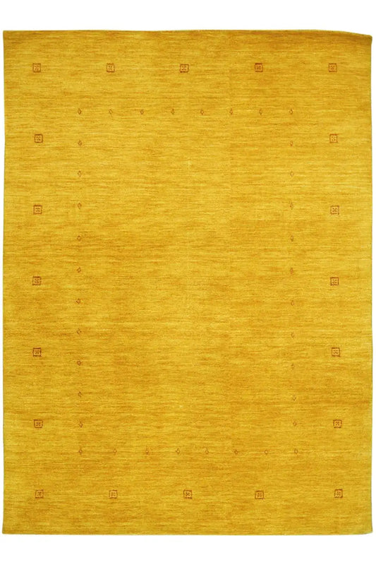 Gabbeh rug 185x138 cm: yellow flatweave with small dark brown square patterns