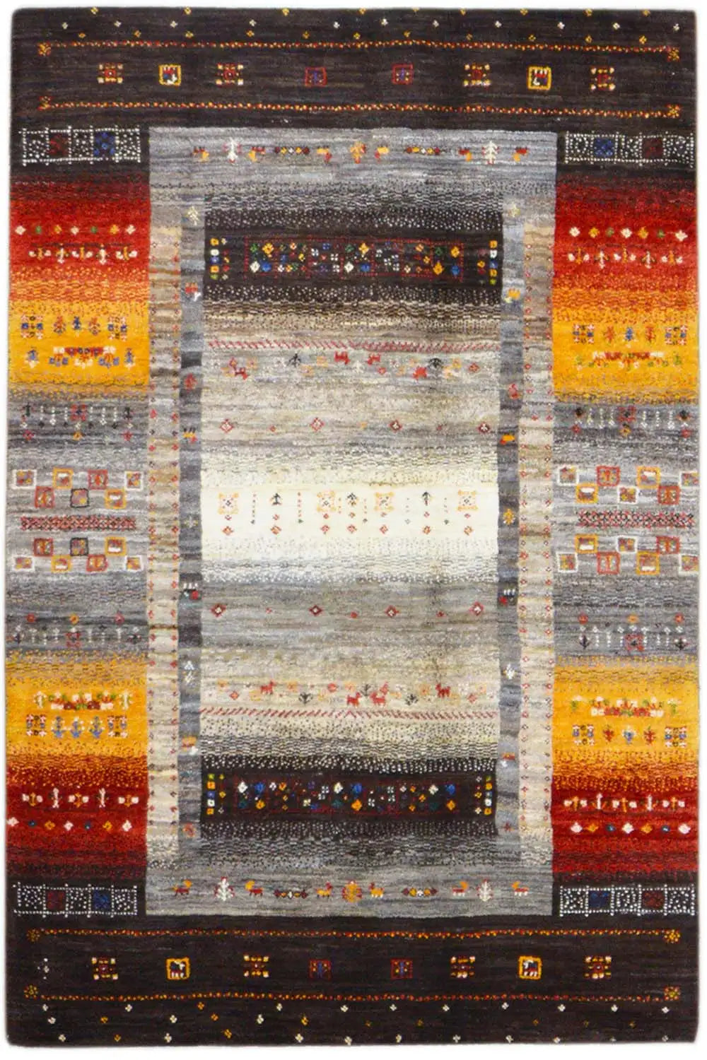 Rug with a symmetrical medallion, central area accented in light gray, red, and yellow