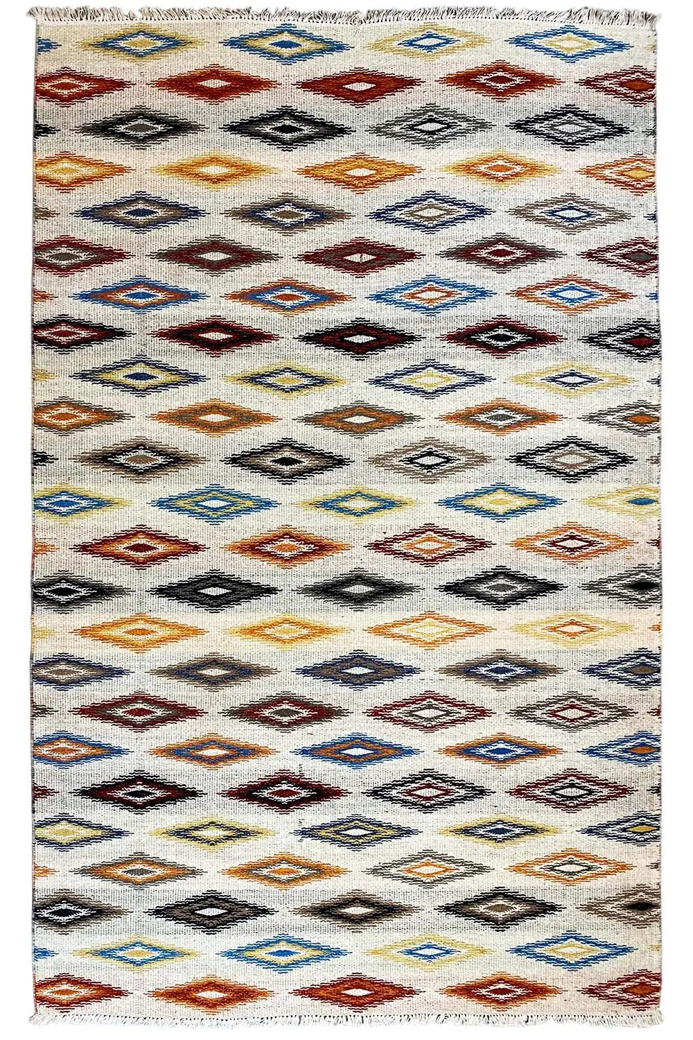 Rectangular kilim dhurrie rug with multicolored diamonds and zigzags on a light background