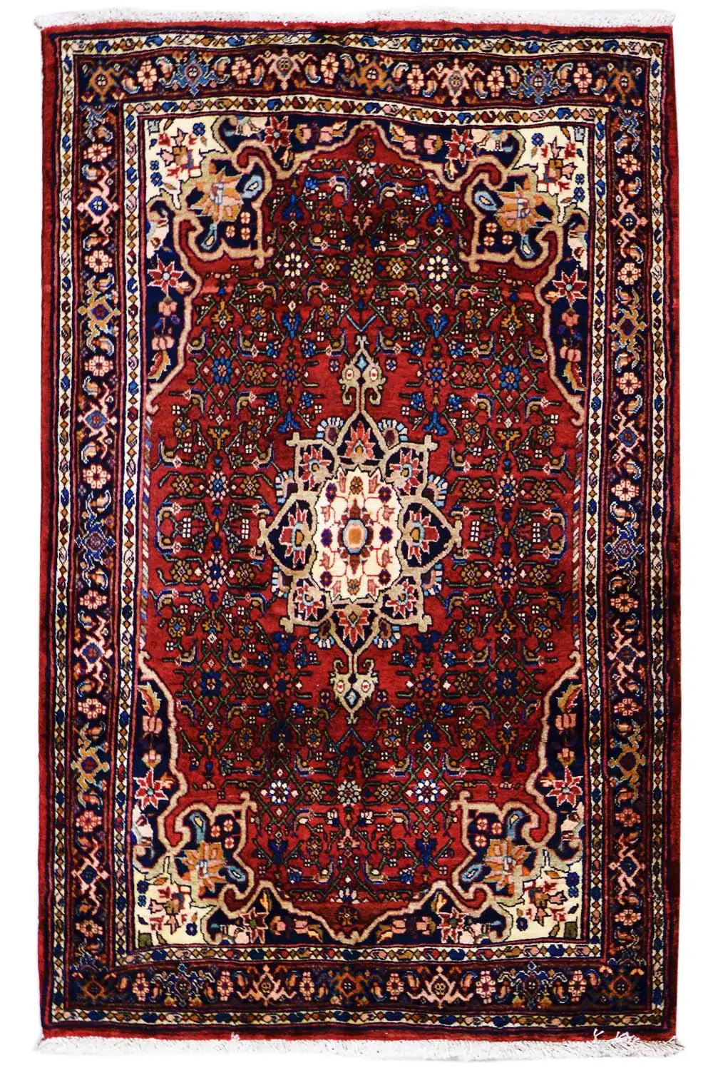 Carpet with a red central medallion and surrounding borders, rectangular