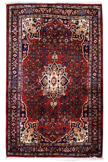 Carpet with a red central medallion and surrounding borders, rectangular
