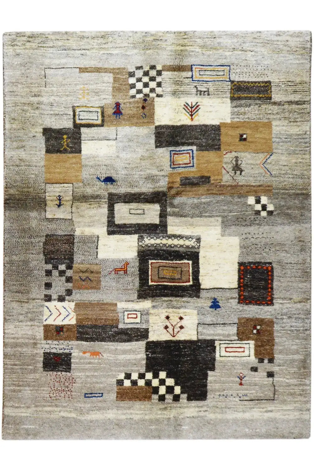 Gabbeh rug in a rectangular format with a beige background and abstract square patterns.