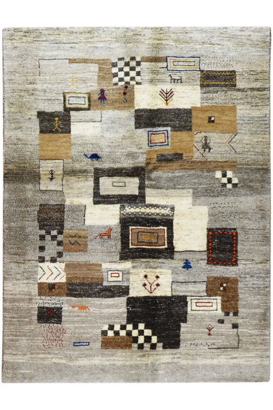 Gabbeh rug in a rectangular format with a beige background and abstract square patterns.