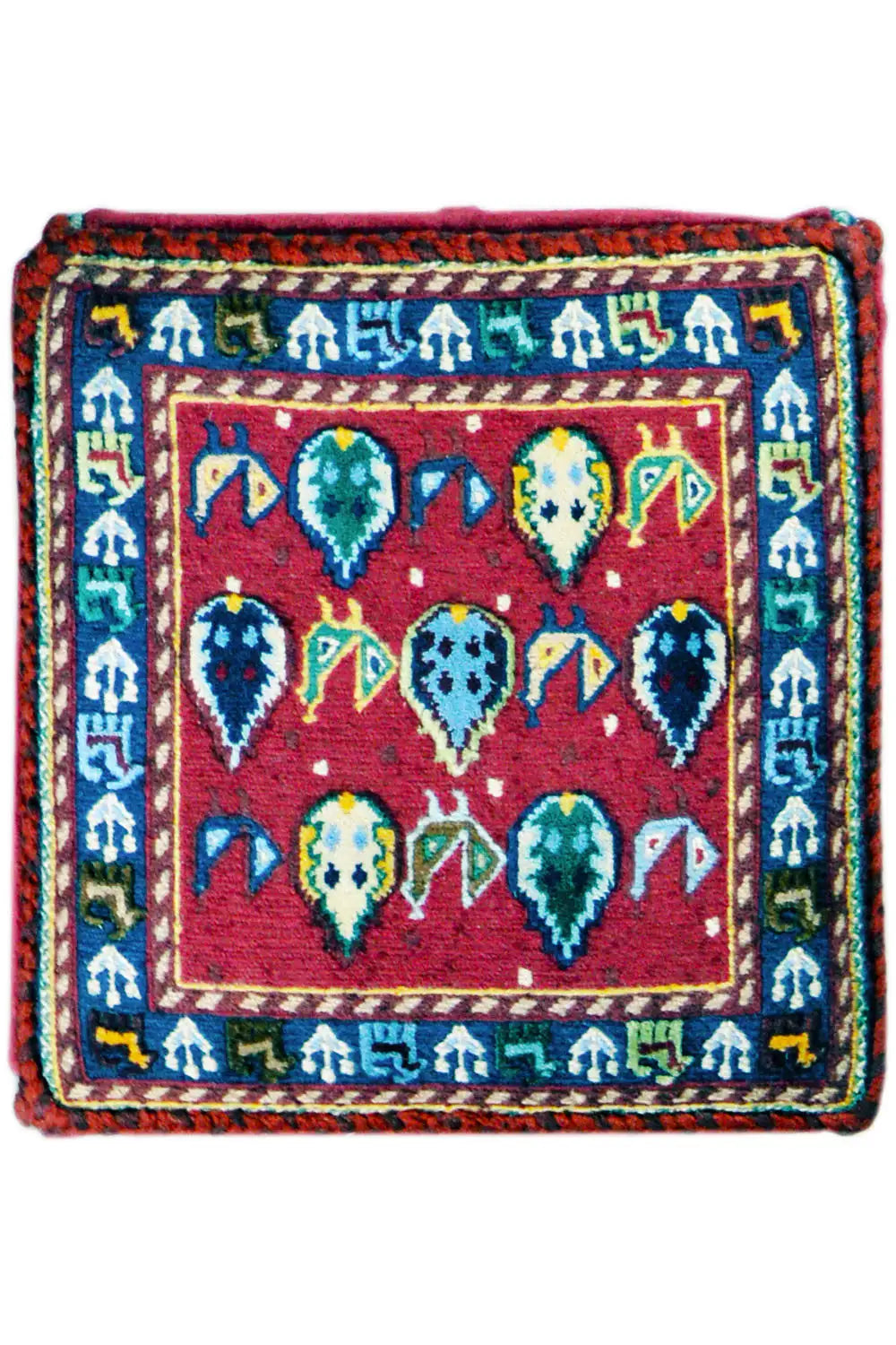 Square rug with a red field, multicolored ornaments and animal motifs, bordered