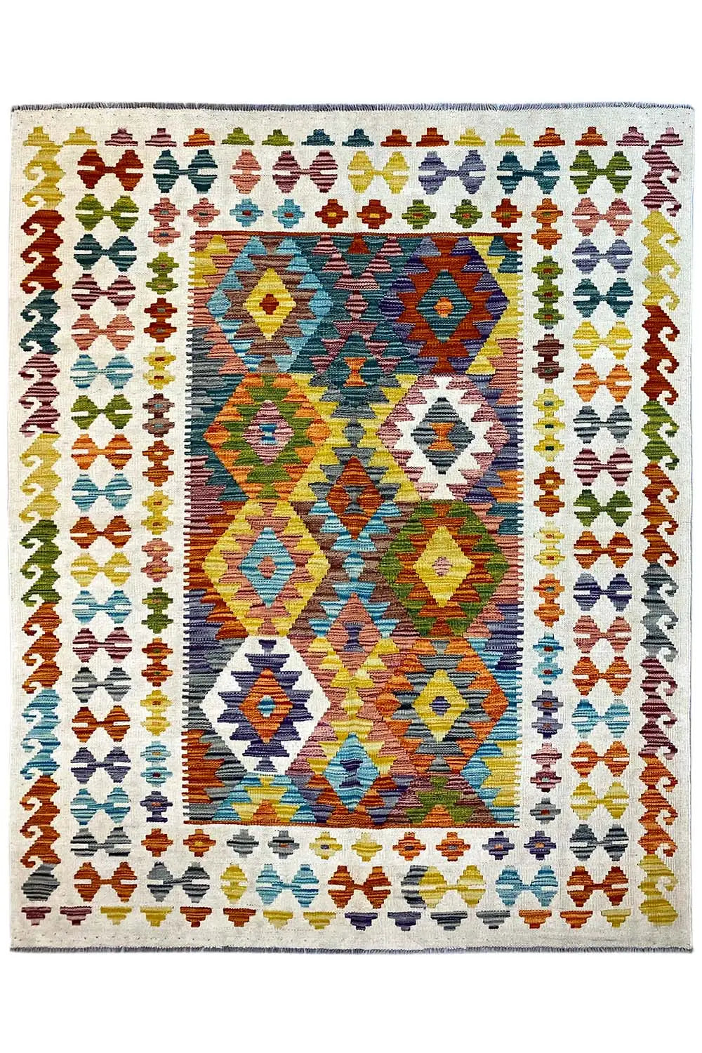 Afghan kilim 200x148 cm with colorful diamond medallion and border, front view