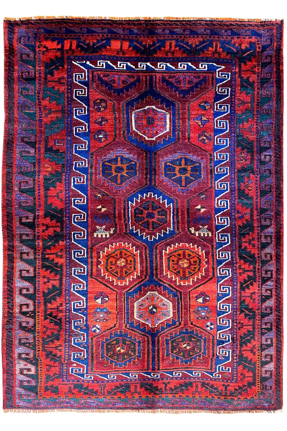 Rectangular Lori rug with a geometric pattern in blue and red, 217×167 cm