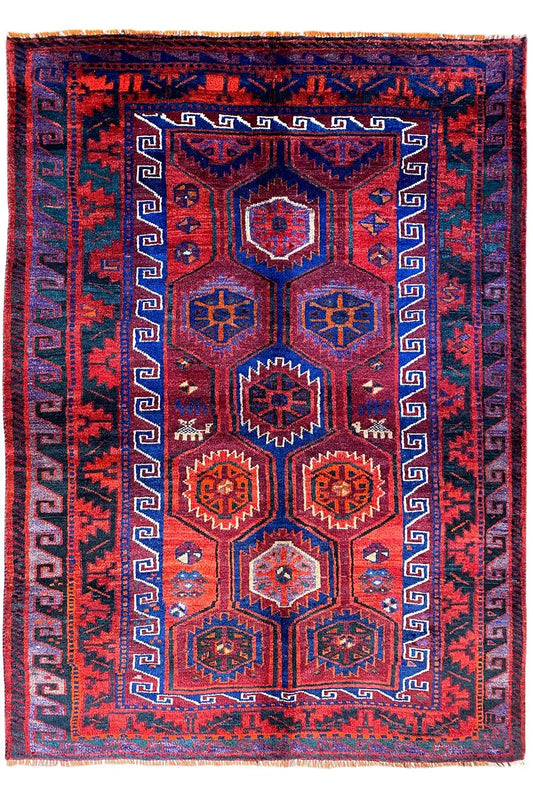 Rectangular Lori rug with a geometric pattern in blue and red, 217×167 cm