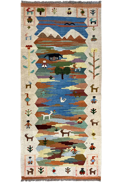 Kilim-Qashqai rug with a central river and mountain motif, multicolored panels, surrounding fringes