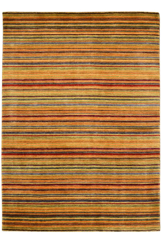 Rectangular Gabbeh rug with horizontal, multicolored stripes and a narrow border