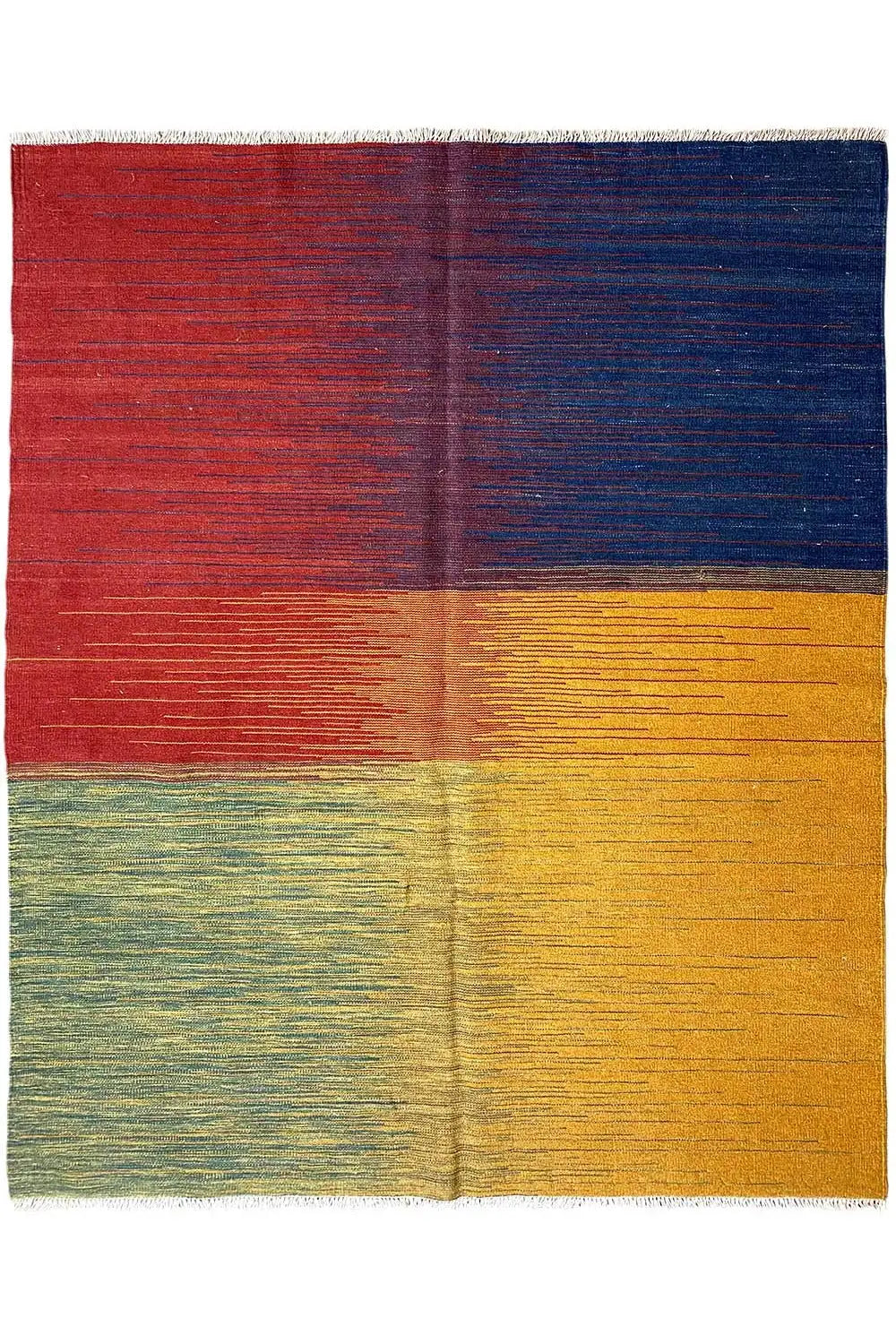 Square kilim rug, multicolored stripes (red, blue, yellow, green) with fringed edge