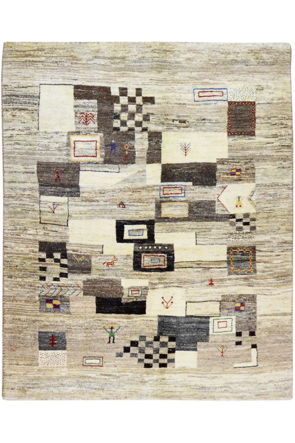 Gabbeh rug with square ornamental inlay in beige and gray