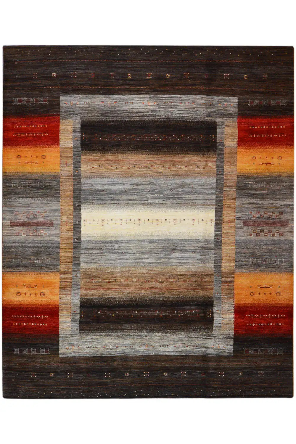 Gabbeh Lori rug 305x250 cm: dark brown, beige central area, gray border
