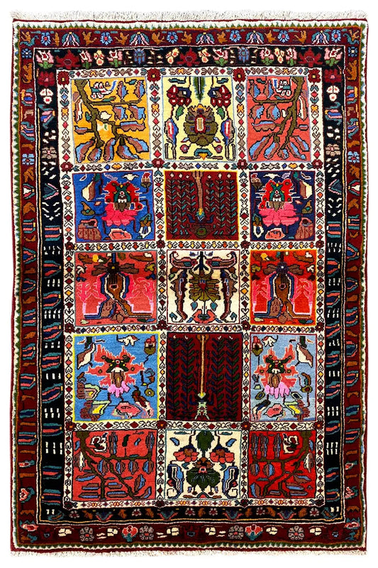 Rectangular rug with multicolored ornamental panels and border, complete