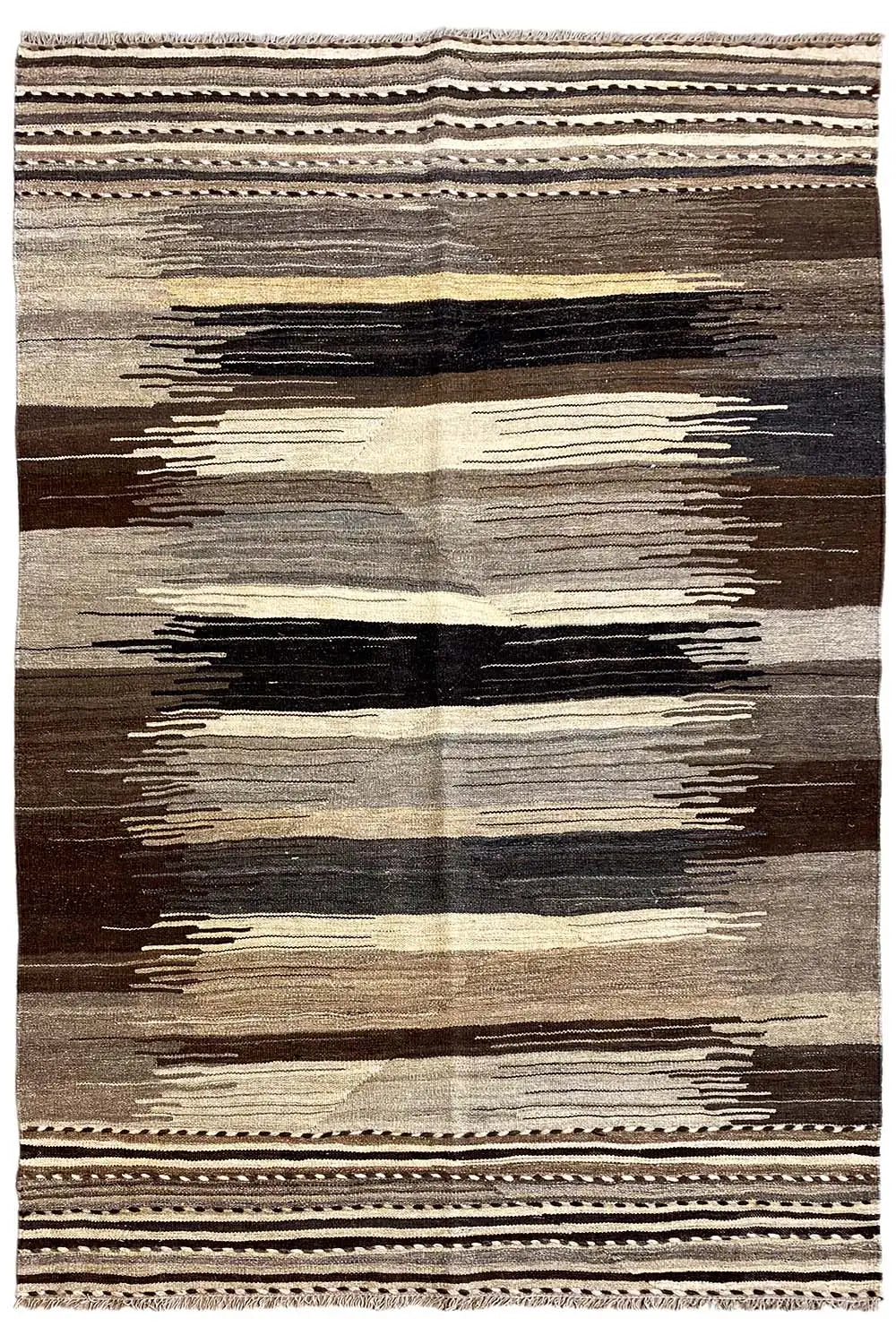 Kilim rug 225x136 cm with brown-gray block stripes and decorative border