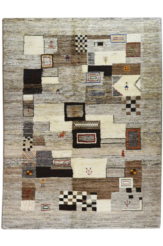 Gabbeh rug with patchwork motifs in gray, black, and beige, rectangular
