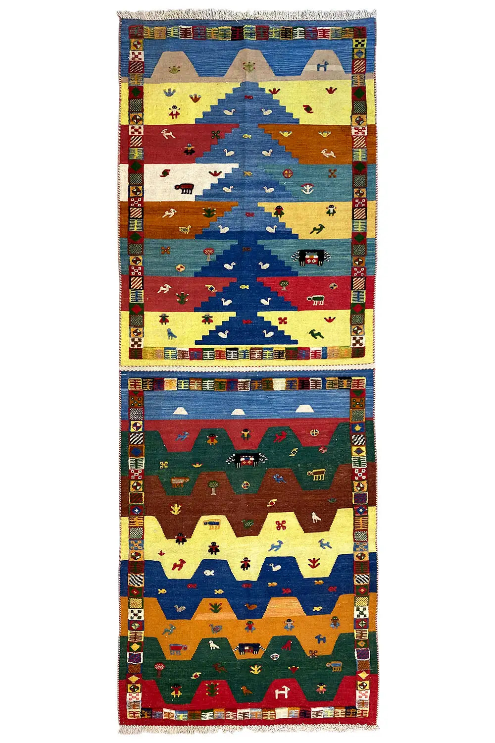 Long kilim runner with colorful animal, house, and ornamental patterns