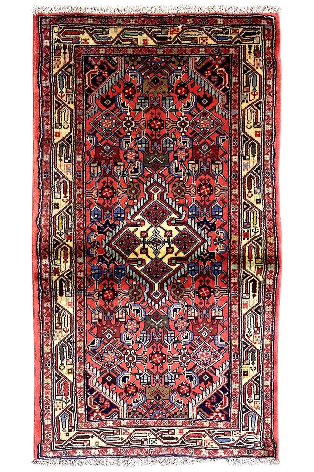 Hamadan rug 135x77 cm front: red central ornament with dark blue and a light border