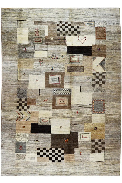Gabbeh rug, all-over pattern of squares and rectangles in beige/grey