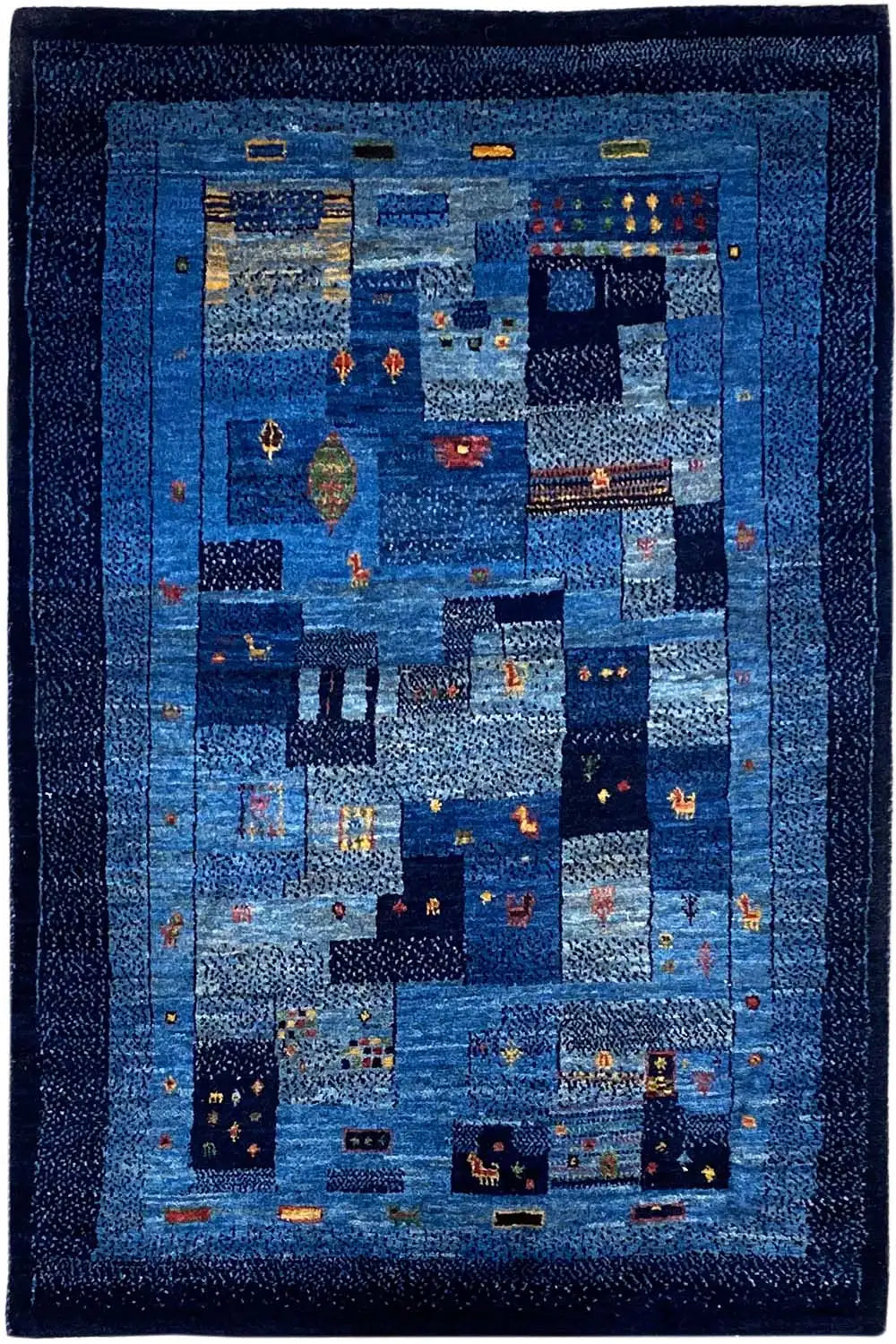 Gabbeh rug, rectangular, blue patchwork with dark edging