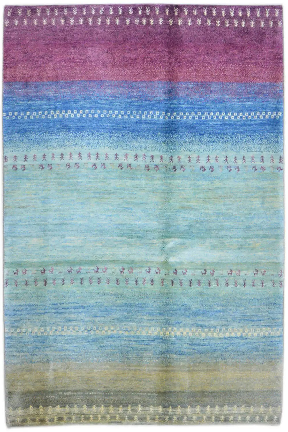 Gabbeh rug 200x148 cm with a horizontal striped pattern in purple, blue and turquoise