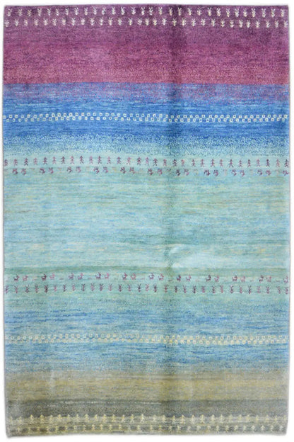 Gabbeh rug 200x148 cm with a horizontal striped pattern in purple, blue and turquoise
