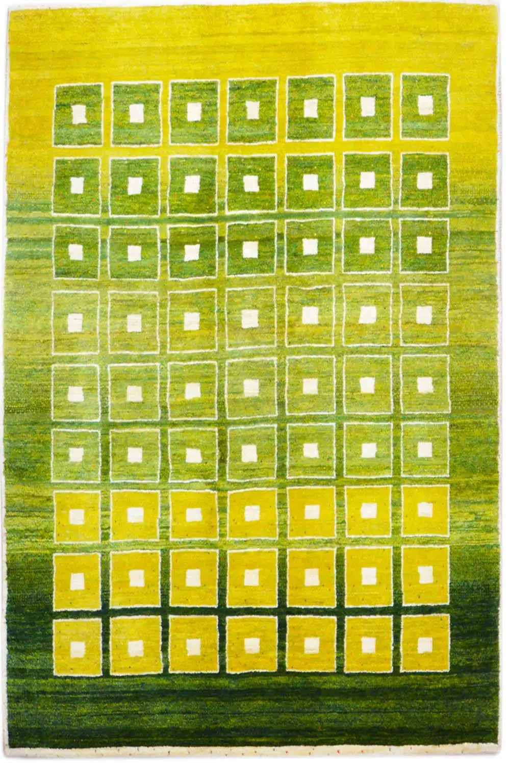 Gabbeh rug 199x152 cm: yellow grid with green fields and white squares