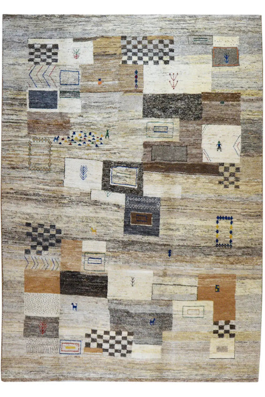 Gabbeh rug with abstract square and block patterns in beige, gray, and blue
