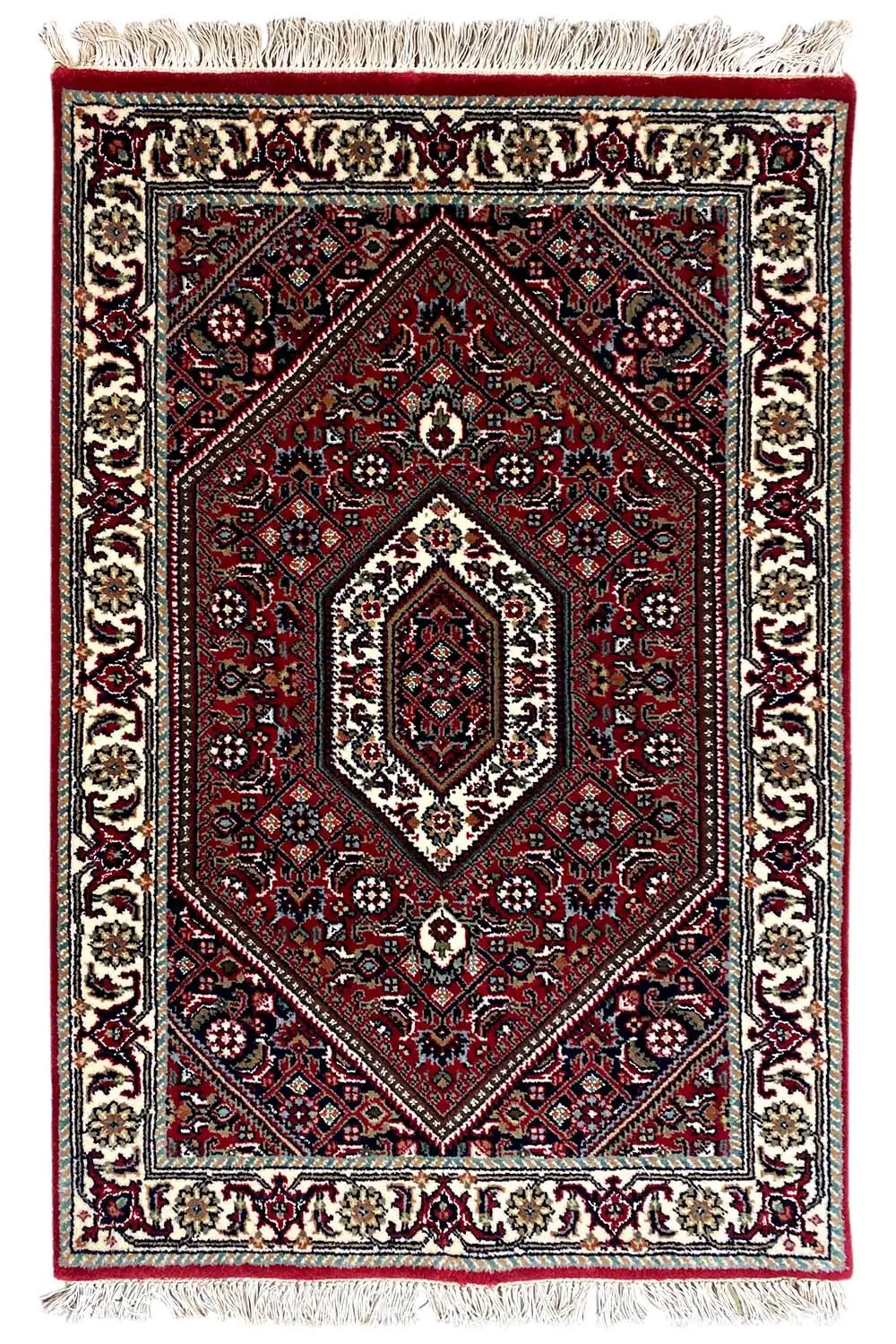 Bidjar rug (93x61 cm), square border pattern in red with fringes