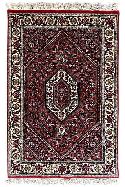 Bidjar rug (93x61 cm), square border pattern in red with fringes