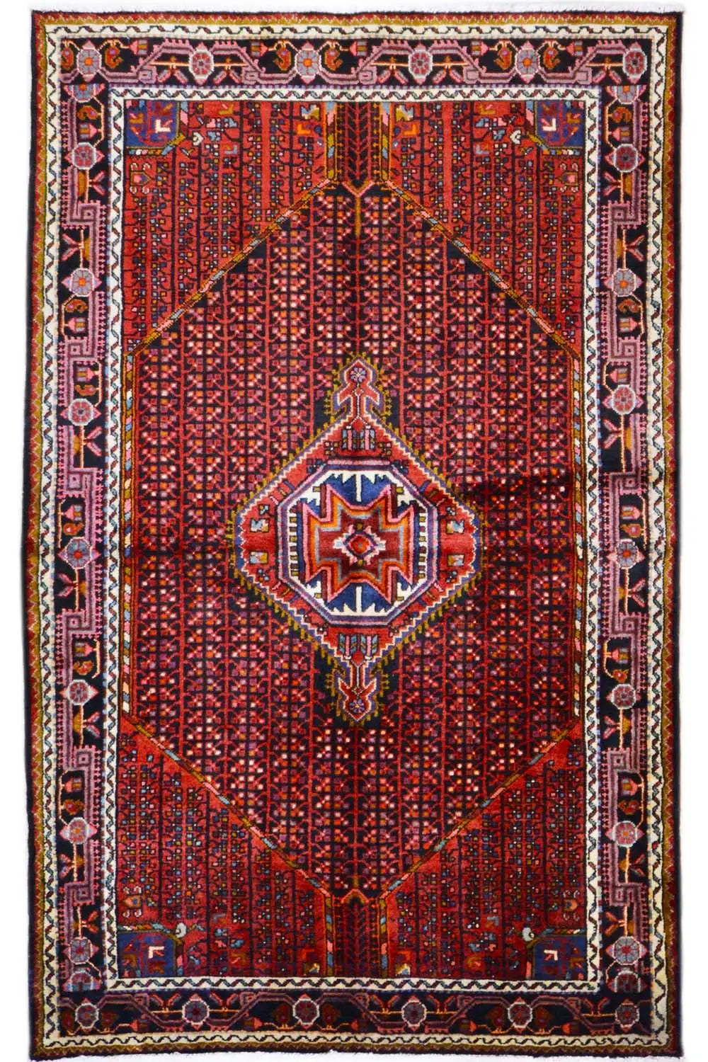 Hamadan rug with a red background, central star-shaped medallion, and side ornaments